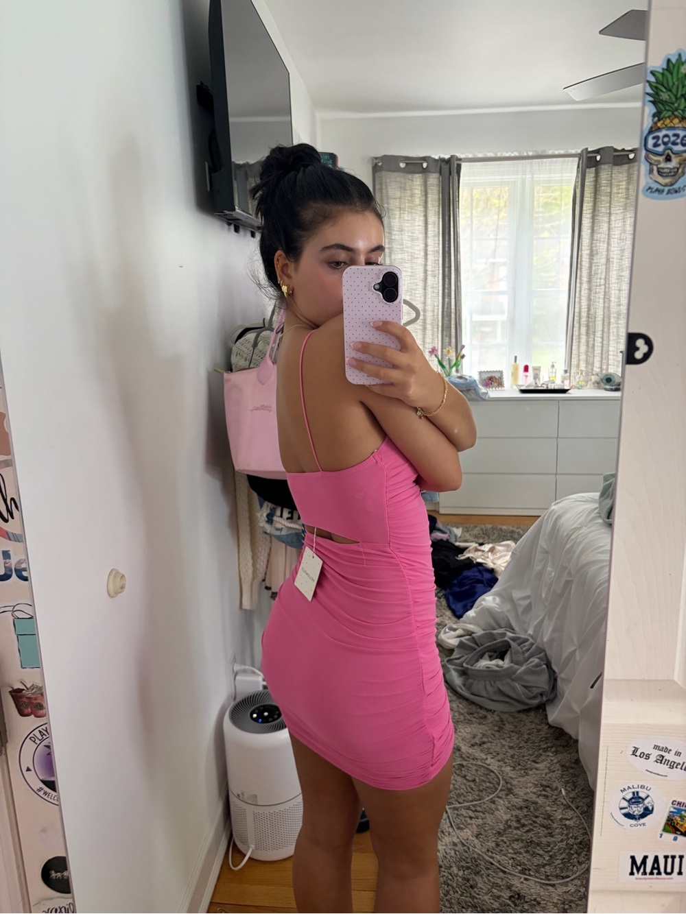 Hello Molly Hot Pink Ruched Spaghetti Strap Mini Dress - Picture 3 of 4
